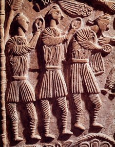 Lombardische kunst: de wijze koningen, laag reliëf van het altaar van hertog Rachis - Beeldhouwwerk, Lombardische kunst, 737-744 - Cividale del Friuli, Chretien Museum, schat van de kathedraal door Lombard School