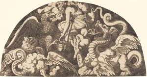 Jupiter brengt water van de Styx naar Psyche door Léon Davent after Giulio Romano
