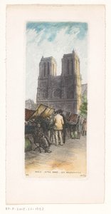 Gezicht op de Notre-Dame te Parijs met boekhandelaren in de voorgrond door Léopold Robin