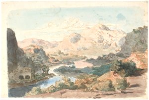 Italiaans berglandschap met rivier en een gebouw links
