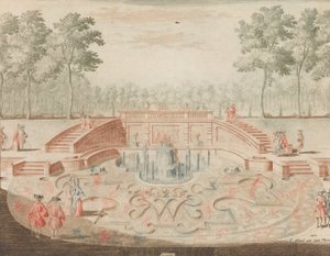 De Fontein van de Koninklijke door-eengevlochten Naam, voor de vijver, in: Tooneel Der Voor..., n.d. door Lorenz Scherm