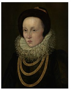 Portret van een vrouw, borstlengte, met een kanten kraag en gouden kettingen