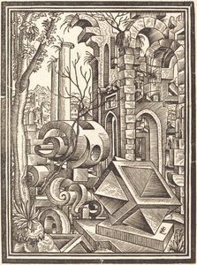 Fantasie van perspectivische vormen tussen ruïnes door Lorenz Stör