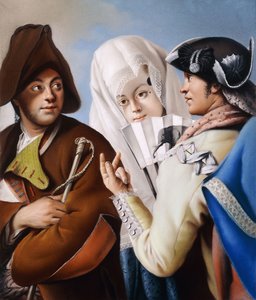 Een Heer in een Frygische Muts aangesproken door een Heer in een gele Jas en zwarte Driekantige Hoed met een Dame in een blauwe Brokaatjurk en witte Mantilla