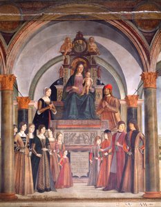Madonna en kind met engelen door Lorenzo Costa, Bentivoglio-kapel in de kerk van San Giacomo Maggiore, Bologna, Italië