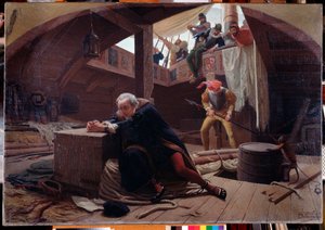 De ontdekkingsreiziger en navigator Christoffel Columbus (1451-1506) keert terug van zijn derde reis en is geketend in het vrachtruim