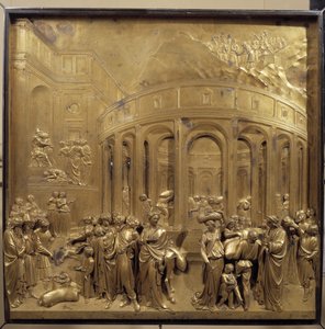 Geschiedenis van het leven van Jozef. De oogst van het graan: de boeren brengen de zakken graan. Origineel paneel van de deur van het Paradijs
