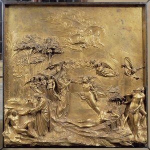 Geschiedenis van het leven van Adam: de geboorte van Adam, de schepping van Eva en Adam en Eva worden uit het Paradijs verdreven. Origineel paneel van de deur van het Paradijs door Lorenzo Ghiberti