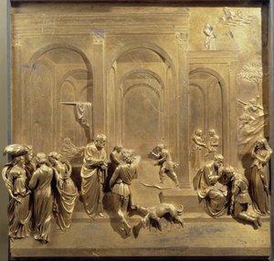 Leven van Jakob en Esau: Esau verkoopt zijn eerstgeboorterecht en Isaak zegent Jakob. Origineel paneel van de deur van het Paradijs