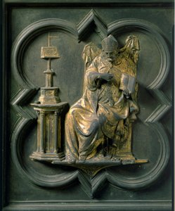 Noordpoort (genaamd Kruispoort, naar het noorden), exterieur detail: Sint Augustinus. Bronzen sculptuur gemaakt door Lorenzo Ghiberti
