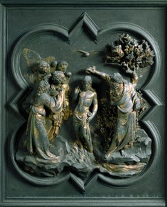 Noordpoort (genoemd Poort van het Kruis, in het noorden), exterieur detail: "De doop van Christus" Bronzen sculptuur gemaakt door Lorenzo Ghiberti door Lorenzo Ghiberti