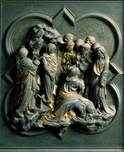 Noordpoort (ook wel Kruispoort genoemd, in het noorden), exterieur detail: de opstanding van Lazarus. Bronzen sculptuur gemaakt door Lorenzo Ghiberti door Lorenzo Ghiberti