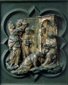 Noordpoort (genaamd Kruispoort, naar het noorden), exterieur detail: Aanbidding der Wijzen. Bronzen sculptuur gemaakt door Lorenzo Ghiberti door Lorenzo Ghiberti