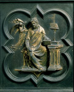 Noordpoort (genoemd Poort van het Kruis, naar het noorden), exterieur detail: Sint Mattheüs. Bronzen sculptuur gemaakt door Lorenzo Ghiberti