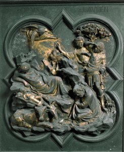 Noordpoort (ook wel Kruispoort genoemd, in het noorden), exterieur detail: de geboorte. Bronzen sculptuur gemaakt door Lorenzo Ghiberti door Lorenzo Ghiberti