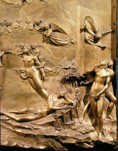 Het Verhaal van Adam, detail van de Schepping van Eva en De Verdrijving, van een van de originele panelen van de Oostdeuren van de Doopkapel door Lorenzo Ghiberti