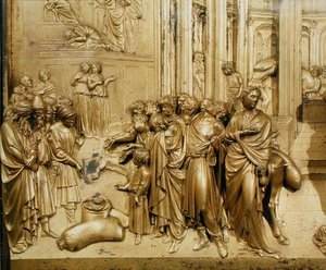 Het verhaal van Jozef, detail (detail) van het vinden van de zilveren beker, van het originele paneel van de oostdeuren van de doopkapel door Lorenzo Ghiberti