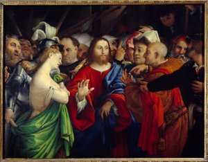 Christus en de overspelige vrouw door Lorenzo Lotto