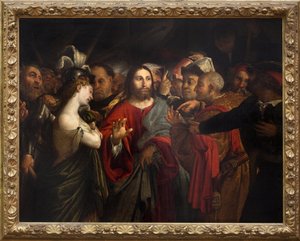 Christus en overspelige vrouw door Lorenzo Lotto