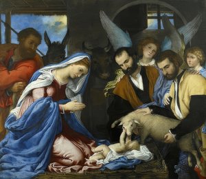 De aanbidding van het Christuskind door Lorenzo Lotto