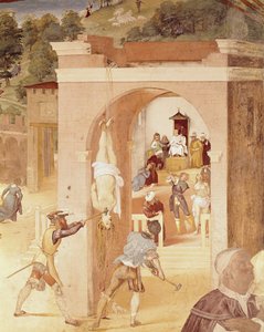 Scènes uit het leven van St. Barbara, detail van St. Barbara overgedragen aan de Romeinse prelaat Marcian en vervolgens gemarteld door Lorenzo Lotto