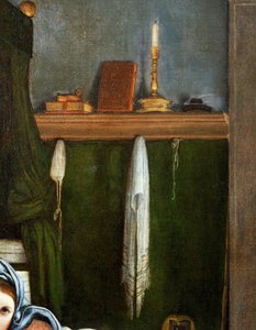 Plank met kandelaar en boeken (detail)
