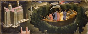 Voorstelling van Sint Nicolaas die de storm kalmeert Nicolaas van Myra (of Nicolaas van Bari) redt een boot van het zinken. Schilderij op hout door Lorenzo Monaco (ca. 1370-ca. 1423/1424) Florence, Galleria dell