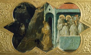 St. Benedictus verleid door de duivel en St. Bernardino in consistorie, detail van predella van Kroning van de Maagd door Lorenzo Monaco (1370-1423), tempera op paneel, 450x350 cm, polyptiek voor hoogaltaar van klooster van Santa Maria degli Angeli, Floren