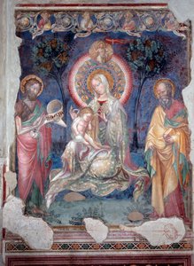 Maagd met kind omringd door de apostel Jacobus en Johannes de Doper