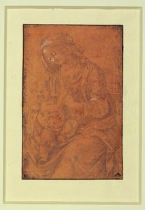 Madonna. Zilveren penpunt, wit gehoogd op zalmroze papier ... door Lorenzo di Credi