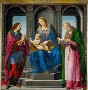 Madonna met kind, omringd door Sint-Juliaan en Sint-Nicolaas van Myra ... door Lorenzo di Credi