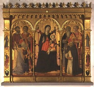 Madonna en kind op de troon met heiligen (drieluik)