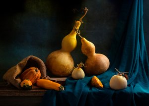 Stilleven met herfstpompoenen