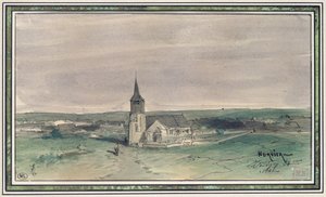 Kerk en dorp in het midden van een veld, Montigny, 1866
