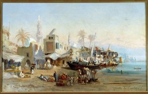 Vissers en moskeeën van de haven van Boulack in Egypte door Louis Amable Crapelet