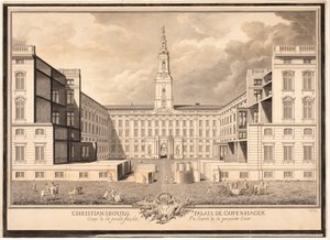 Christiansbourg Palais de Copenhague. Doorsnede van de grote gevel van de ingang van de eerste binnenplaats