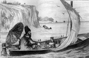 Ik werd door de stroom meegesleurd gravure naar de tekening van M. de Sainson voor het Boek van Daniel Defoe "Robinson Crusoe" Franse editie van 1837