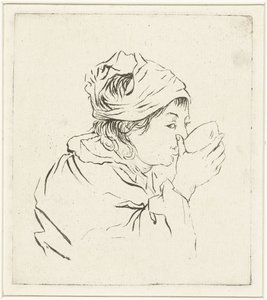Borstbeeld van een drinkende vrouw met hoofddoek