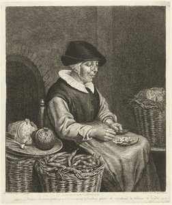 Oude vrouw bij het boontjes doppen door Louis Bernard Coclers