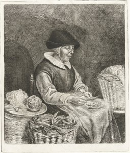 Oude vrouw bij het boontjes doppen door Louis Bernard Coclers