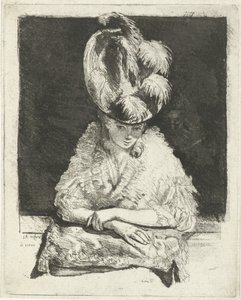 Portret van een jonge vrouw met hoed die uit het raam kijkt