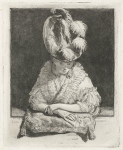 Portret van een jonge vrouw met hoed die uit het raam kijkt