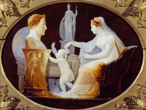 De keizerin Marie Louise die de eerste stappen van de koning van Rome Napoleon II, hertog van Reichstadt (1811-1832), zoon van keizer Napoleon I (1769-1821), begeleidt, voor het borstbeeld van zijn vader Porseleinen plaat door Louis Bertin Parant (1768-185 door Louis Bertin Parant
