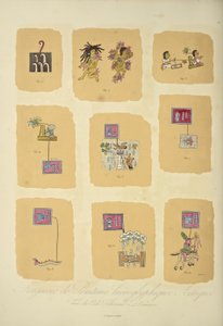 Fragmenten van Azteekse hiërogliefen schilderijen, uit de Codex Telleriano-Remensis, illustratie uit 