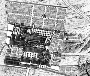 Het ziekenhuis van La Salpêtrière, detail van het Plan van Parijs, bekend als het Plan de Turgot, gegraveerd door Claude Lucas, 1734-39 gravure (detail) door Louis Bretez