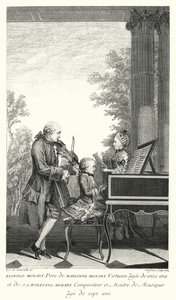 Leopold Mozart speelt muziek met zijn dochter Marianne en zoon Wolfgang (gravure)