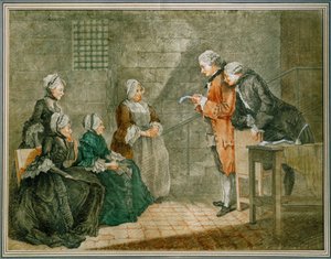 La malheureuse famille Calas - Weduwe en kinderen Calasluisteren in de Conciergerie-gevangenis naar de nietigverklaring van het vonnis tegen de vader ... door Louis Carrogis