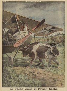 Koe die voorkomt dat een Duits vliegtuig opstijgt, Loetsk, Rusland, Eerste Wereldoorlog door Louis Charles (after) Bombled