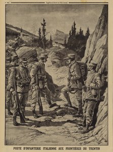 Italiaanse infanteriepost aan de grens van Trentino, Eerste Wereldoorlog door Louis Charles (after) Bombled