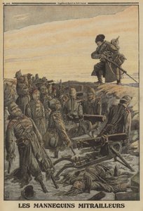 Russische soldaat ontdekt een Duitse loopgraaf met machinegeweren bemand door nep soldaten; Eerste Wereldoorlog door Louis Charles (after) Bombled